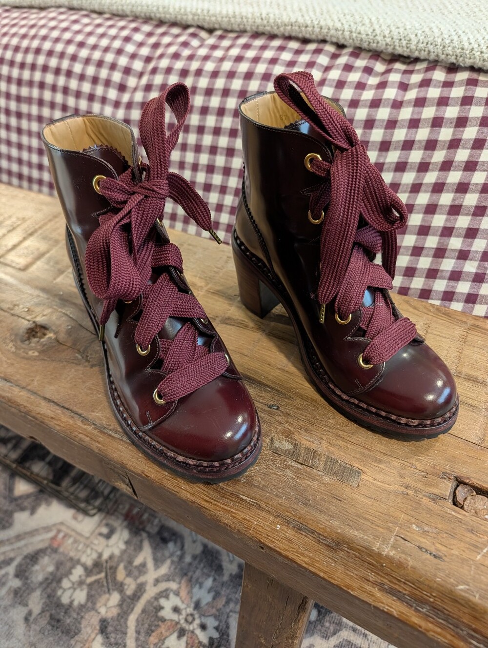 Women's The Office Of Angela Scott Burgundy Lace-Up Block Heel Boots, Size 37 - Picture 7 of 7